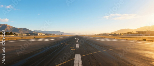 An expansive airport runway under a clear blue sky with mountains in the distance, ideal for flight operations.