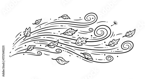 Dynamic black and white illustration depicting strong wind currents with autumn leaves and dandelion seeds blowing, capturing the essence of a breezy natural environment and seasonal change