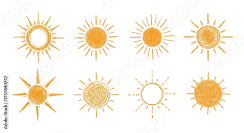 Artistic set of eight hand-drawn sun illustrations, featuring diverse radiant designs and a charming sketchy texture, ideal for summer graphics and celestial themes