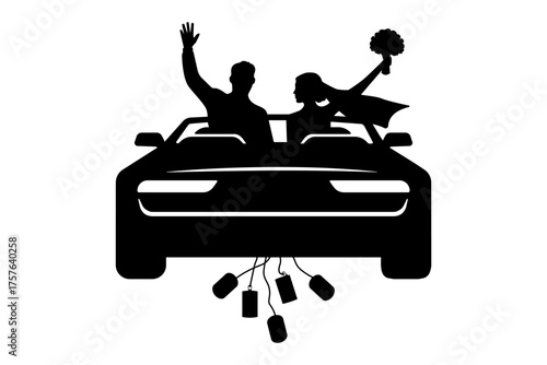 Just Married Couple Waving in Wedding Getaway Car