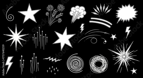 Dynamic White Comic Book and Animation Effect Graphics Collection Stars, Explosions, Lightning Bolts, and Swirls on Black Background for Design Projects and Visual Media