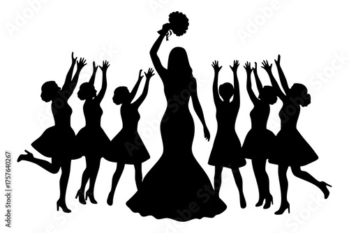 Bride Throwing Bouquet Silhouette with Catching Women