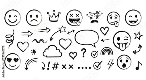 Versatile Hand-Drawn Doodle Emojis and Graphic Symbols Collection for Expressive Digital Communication and Creative Design Projects