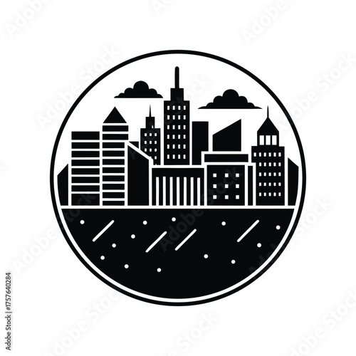 Circular black and white illustration of a modern city skyline with skyscrapers and clouds, representing urban life and development