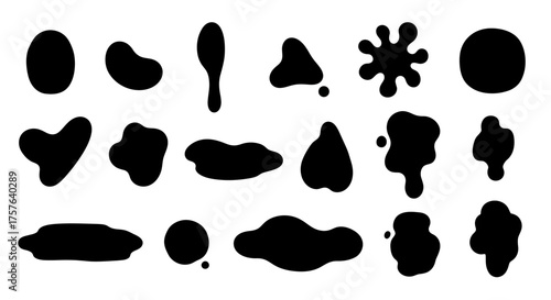 Collection of diverse organic black ink blot shapes and fluid blobs. Abstract vector elements for creative graphic design, modern art, and expressive digital projects
