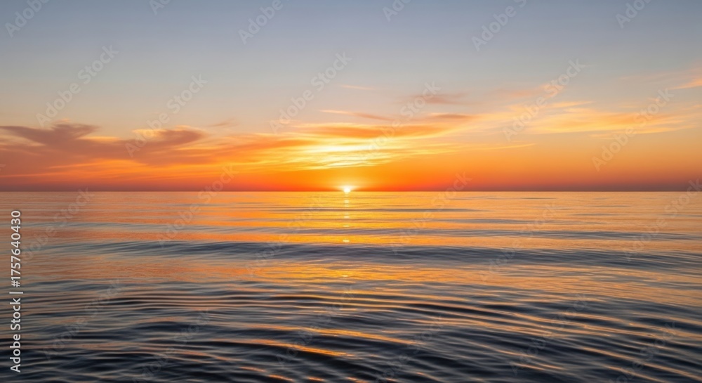 Fototapeta premium Golden Sunset Over Calm Ocean Water Horizon