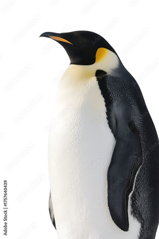 Naklejka premium A close-up shot of an emperor penguin showcasing its distinctive black and white plumage and unique physical features.