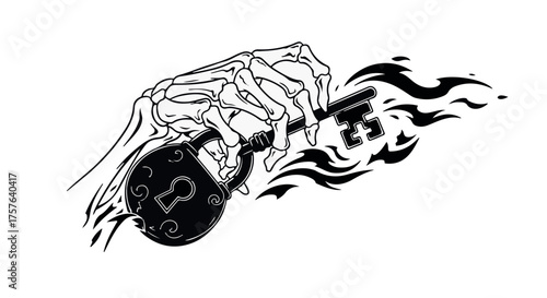 Skeleton hand unlocking a padlock with a fiery key, symbolizing mystery and forbidden knowledge.