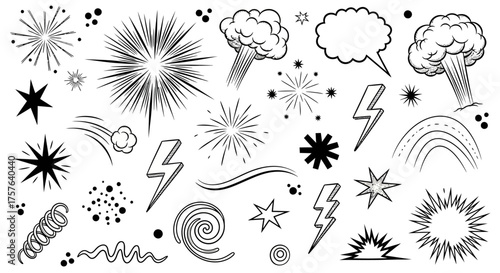 Energetic Visual Effects Toolkit Featuring Explosive Starbursts, Electric Lightning Bolts, Dynamic Motion Lines, and Decorative Elements for Graphic Designs