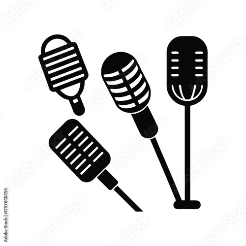Set of classic vintage microphones, designed for recording, broadcasting, and live performances, evoking nostalgia for old-school audio equipment and the golden age of sound