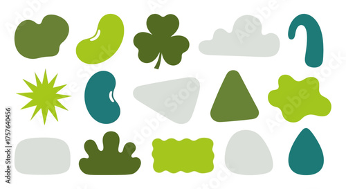 Diverse array of organic and geometric abstract shapes in natural green and muted gray tones, offering versatile design elements for modern graphic projects and creative compositions