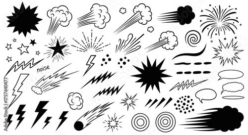 Dynamic cartoon graphic elements set featuring explosive bursts, lightning bolts, speed lines, smoke puffs, and stars for creative design projects and illustrations