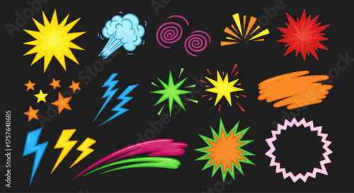 Vibrant Collection of Dynamic Cartoon Style Graphic Effects Featuring Energetic Starbursts, Lightning Bolts, Speed Lines, and Expressive Impact Explosions for Creative Design Projects