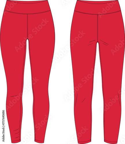 Red leggings illustration, technical fashion sketch, activewear design, high waist pants, athletic clothing template, garment construction drawing, stylish apparel vector, fitness wear artwork