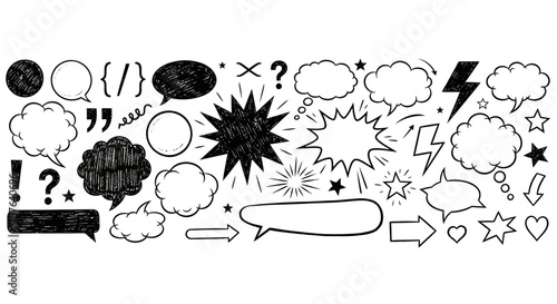 Diverse hand-drawn comic speech and thought bubbles collection, featuring doodle art elements like stars, lightning, and arrows, perfect for communication designs and expressive graphics