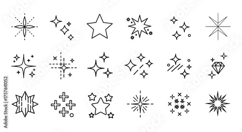 Outline vector icons set of stars and sparkles, featuring various twinkling effects, light bursts, and shining graphic elements for modern design