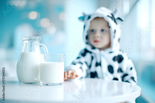 Transparent jug and glass with milk, next to a child in a cow costume, against the background of a modern kitchen. Advertising for cow's milk.