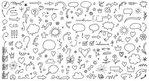 Hand-drawn doodle elements set featuring diverse arrows, speech bubbles, hearts, stars, and decorative accents, ideal for creative graphic design projects
