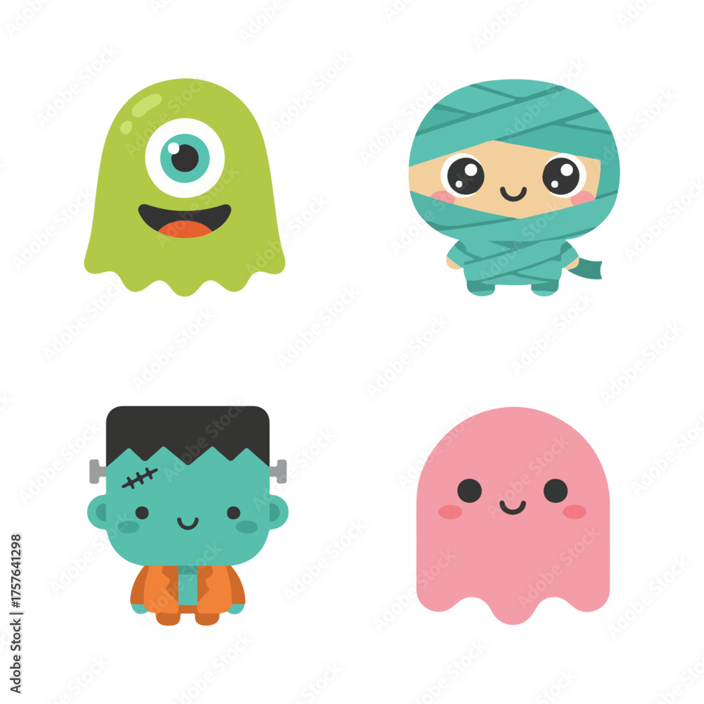 Fototapeta premium Halloween characters : Green cyclops monster, a blue mummy, a teal Frankenstein, and a pink ghost, depicted with friendly expressions.