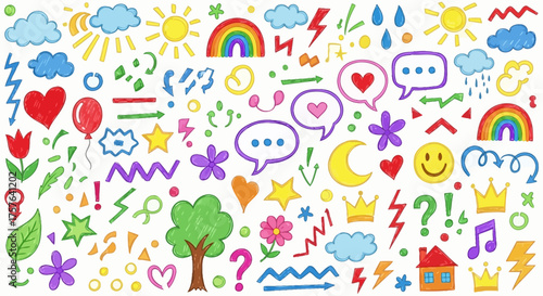 Lively collection of colorful, hand-sketched elements, including happy weather, expressive symbols, charming objects, and decorative scribbles, perfect for joyful designs and creative projects