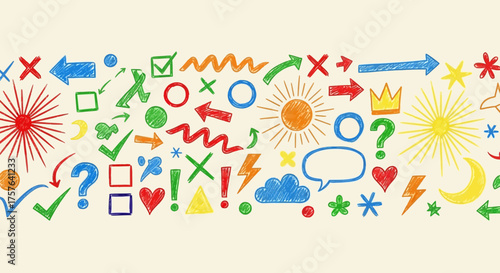 Vibrant hand-drawn doodle border with colorful symbols and childish scribbles, a seamless pattern for playful backgrounds and creative design projects
