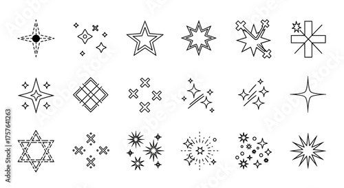 Versatile vector collection of outline sparkle, shine, and starburst icons. Includes diverse light effects, glints, and glowing elements for dynamic graphic, web, and animation projects