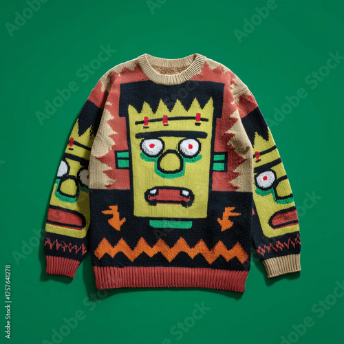 Ugly halloween sweater with a cartoon image of Frankenstein monster and other pattern. Funny holiday sweater isolated on green.