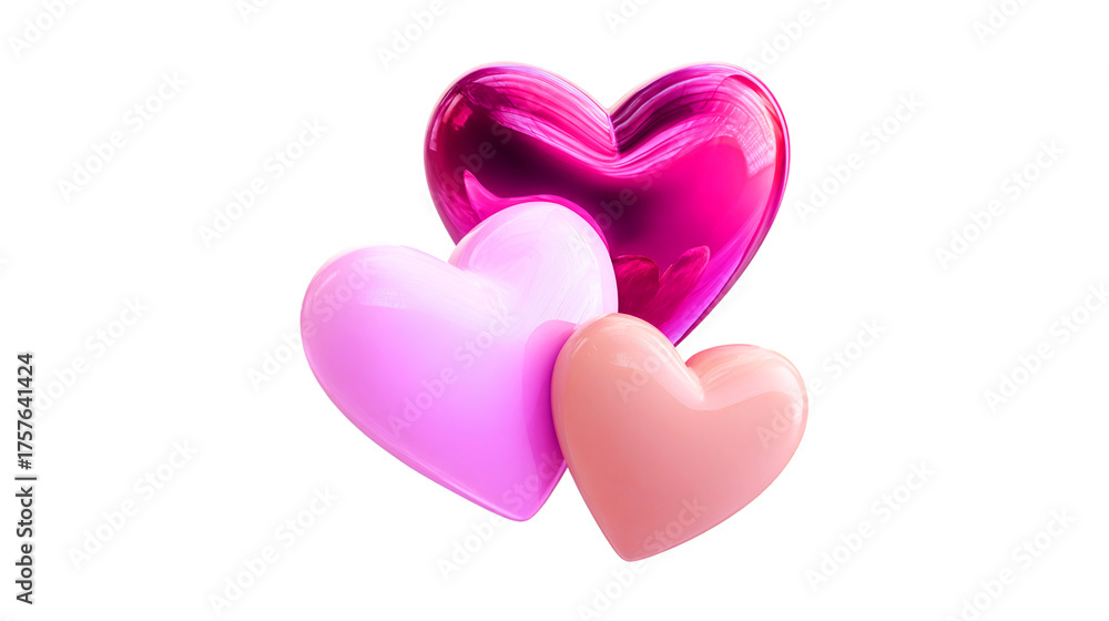 Fototapeta premium A cluster of three glossy 3D hearts in shades of pink magenta and peach celebrating love and romance