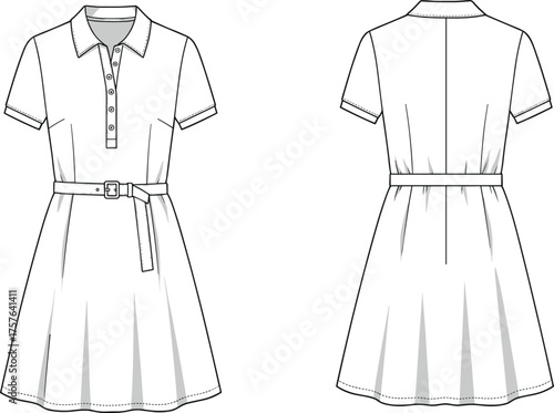 Short sleeve dress fashion illustration, technical flat sketch, belted waist design, collared dress with pleats, front and back view