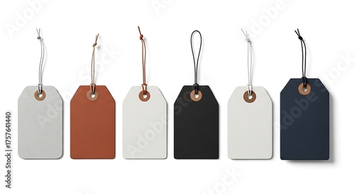 A set of six blank tags in various colors and materials, isolated on white background perfect for price tags