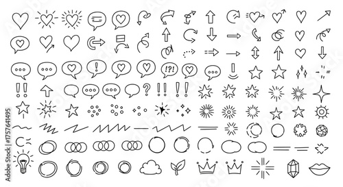 Playful hand-drawn doodle vector icons set with hearts, arrows, stars, and speech bubbles, ideal for creative graphic design and digital media projects