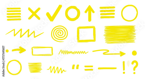 Vibrant collection of hand-drawn yellow marker elements and annotation graphics. Perfect for highlighting, underlining, circling, and adding dynamic accents to design projects