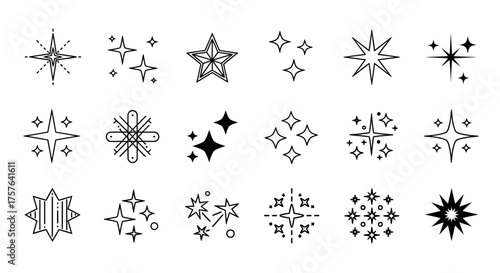 Set of sparkling star icons and twinkling light burst symbols, perfect for adding a touch of magic, celebration, or decorative flair to designs and digital media