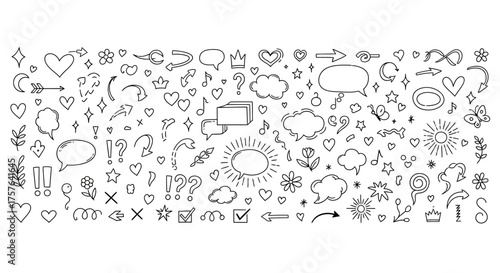Diverse Collection of Hand-Drawn Doodle Graphic Elements Vector Set for Creative Design Projects, Social Media Content, and Playful Illustrations