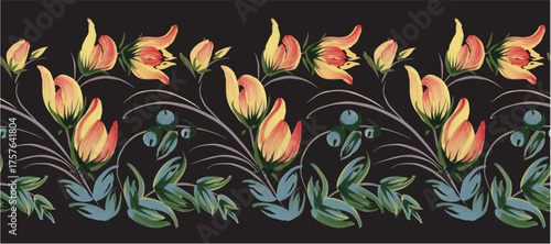 Floral vector seamless border pattern from yellow flowers and blue berries on a black background