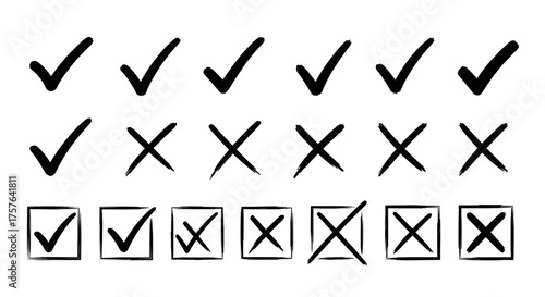 Versatile hand-drawn checkmark and cross mark vector set for design projects, featuring sketched tick and 'X' symbols for approval, rejection, completion, or error indications. 