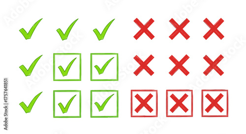 Green check marks and red cross symbols in multiple styles, representing approval, disapproval, correctness, and error for user interfaces, forms, and feedback