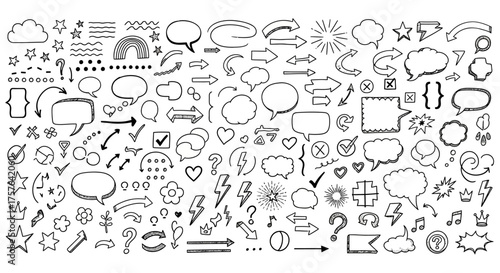 Versatile hand-drawn doodle elements set with speech bubbles, arrows, stars, and symbols for creative digital designs and visual communication projects