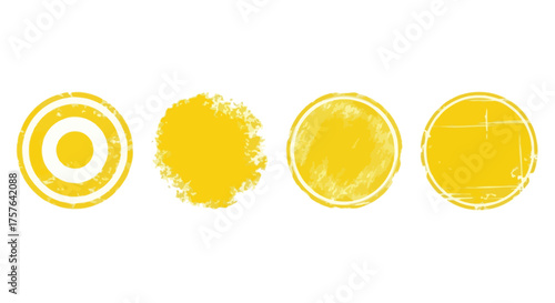 Versatile collection of four vibrant yellow textured circular shapes, offering unique grunge effects and artistic stamp elements for modern graphic design projects and creative overlays