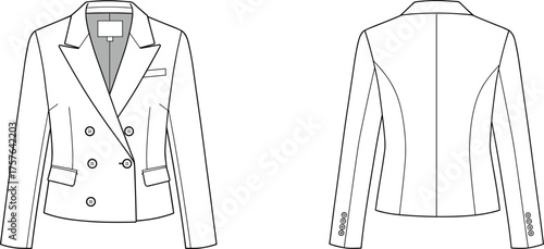 technical fashion flat sketch, double breasted blazer design, front and back view, tailored jacket illustration, garment construction drawing, apparel template