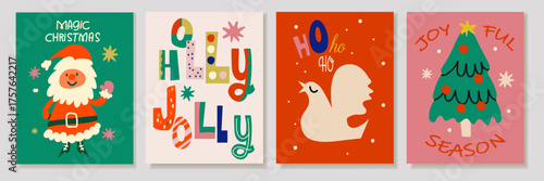 Minimalist Christmas card set with festive decorations and calligraphy. Simple modern holiday vector templates for greeting cards, invitations, and seasonal design projects.