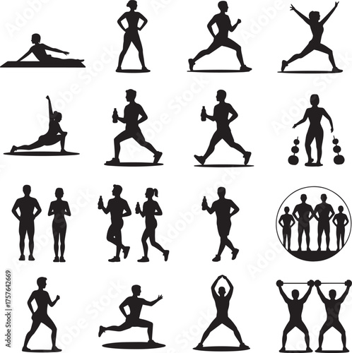 Set of Silhouette Exercising Figures in Active Positions Isolated on Backdrop