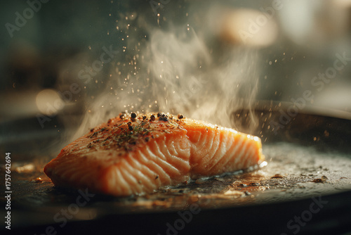 Fototapeta Naklejka Na Ścianę i Meble -  Bratender Lachs mit Gewürzen und Dampf in der Pfanne