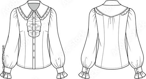 Women’s blouse fashion illustration, technical flat sketch, Peter Pan collar with ruffles, long sleeve design, garment construction, apparel design template