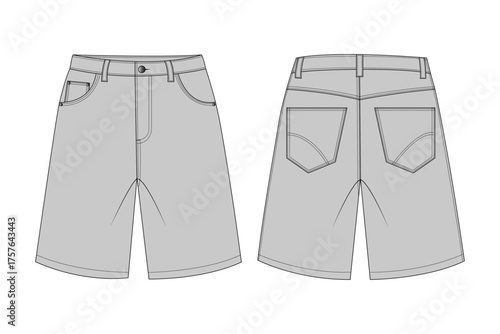 Stylish Grey Shorts Front and Back Flat Sketch. Casual Men's or Women's Shorts Technical Drawing. Apparel Design Flat Lay of Grey Shorts. Fashion Template for Bermuda Shorts. Shorts Flat Sketch
