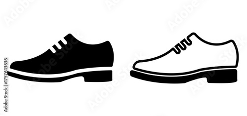 Vector illustration of black and white formal shoe icons. The first icon depicts a black dress shoe, while the second showcases the same shoe design in white. Ideal for clothing, fashion, or footwear 
