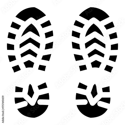 Vector illustration of black shoeprints scattered across a surface. Perfect for use in themes related to walking, tracking, and outdoor activities.