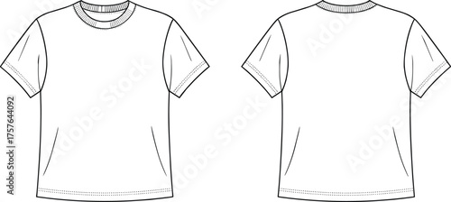 T-shirt flat sketch, short sleeve crewneck, ribbed neckline design, fashion technical drawing, vector garment template, clothing outline, apparel construction illustration