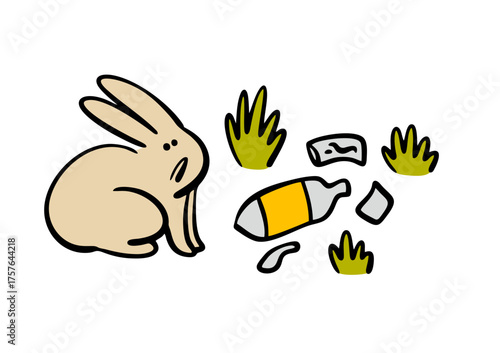 Confused and scared wild rabbit looks at the trash in the forest. Vector illustration of environmental pollution. Cute animal suffers from human plastic.