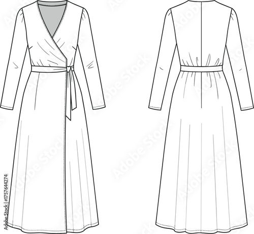 Women’s wrap dress fashion illustration, V neckline design, long sleeve garment sketch, belted waist style, technical flat drawing, front and back view